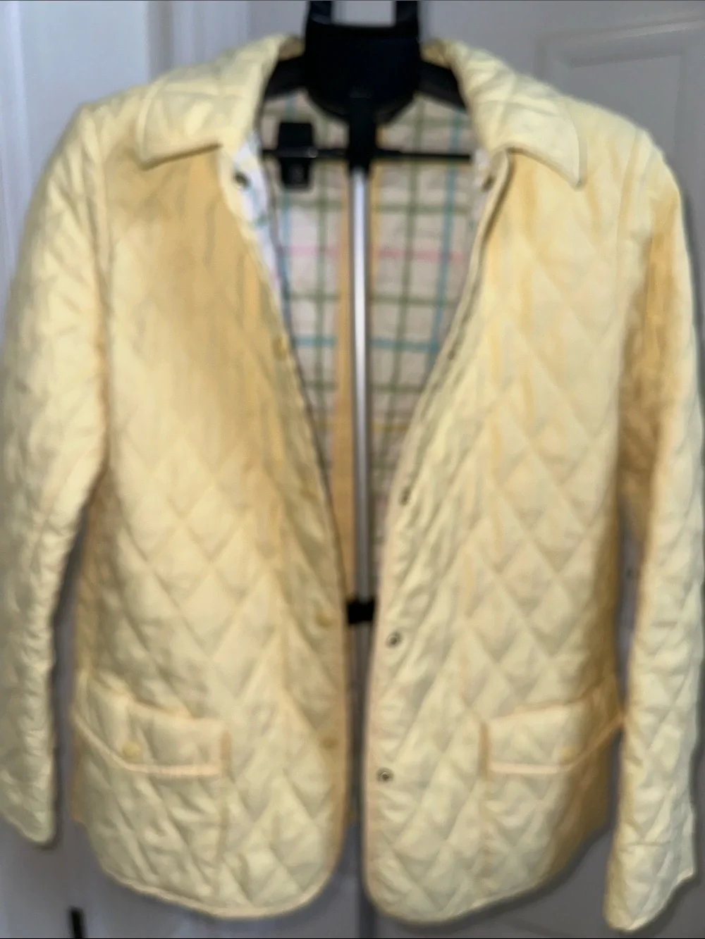 Brooks Brothers Women’s Diamond Quilted Barn Jacket - Pale Yellow/ Plaid Lining